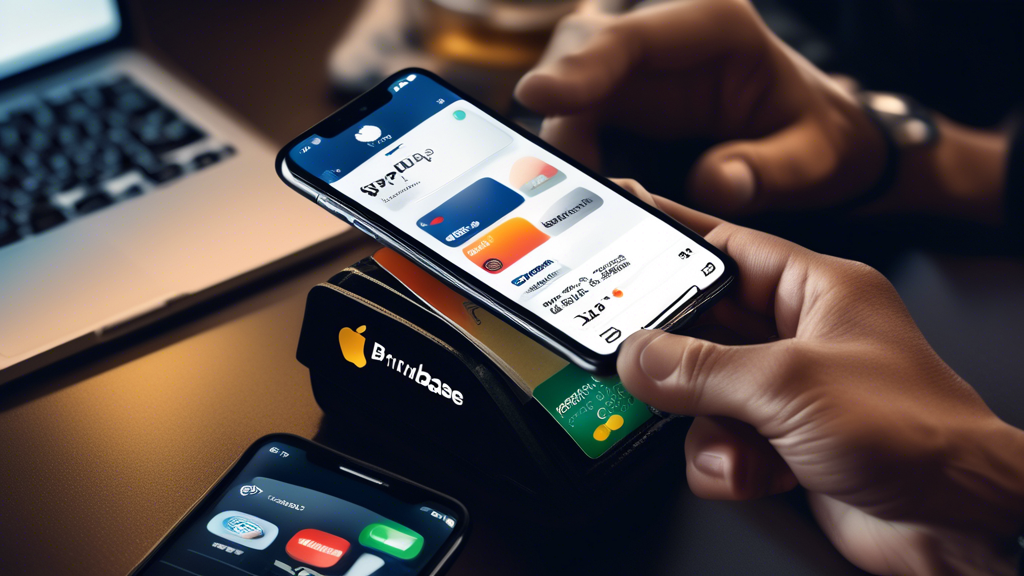 Create an image of someone using an iPhone to set up Apple Pay for crypto transactions. The scene includes a close-up of the iPhone screen displaying the Apple Wallet app and a person’s hand linking their bank account or credit card. In the background, there are subtle visuals hinting at the crypto world, such as blockchain text or crypto exchange logos (like Coinbase, Binance, etc.), indicating the next steps in the process. The setting is modern and tech-savvy, highlighting the ease and readiness for buying crypto.