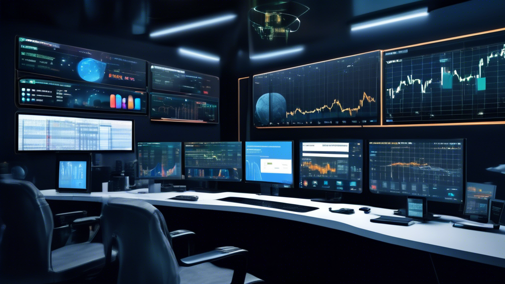 Create an image of a sleek, futuristic workspace with multiple computer screens displaying various essential crypto tools. On one screen, show live cryptocurrency price tracking with graphs and charts. Another screen features a detailed market analysis dashboard. A third screen shows a crypto news website with breaking news headlines. Include a few cryptocurrency symbols (like Bitcoin, Ethereum) subtly integrated into the design. The overall atmosphere should be high-tech and dynamic, reflecting the fast-paced nature of the cryptocurrency world.