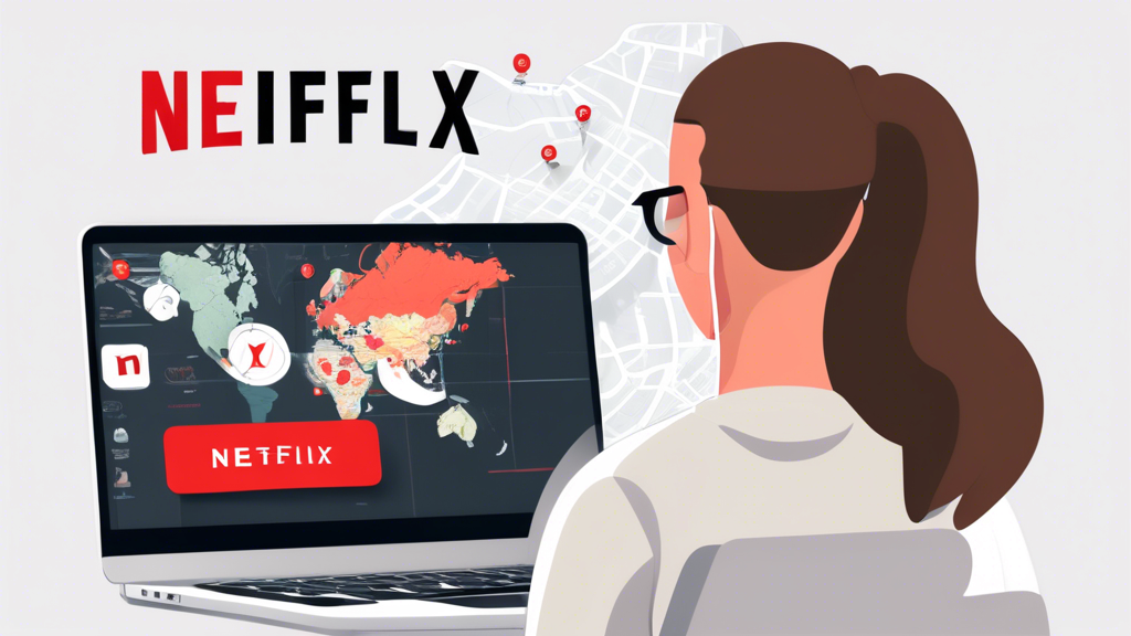 Create an image that shows a person using a laptop to watch Netflix with a VPN. The laptop screen displays the Netflix logo and the VPN interface with a map showing a connection to a server in another country. Include visual elements like a checklist or tips board on the side, highlighting points like Select Optimized Servers, Improve Connection Speed, and Check Legality. The setting should give an impression of comfort and technology, such as a cozy living room or a modern desk setup.