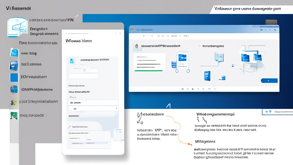Create an image of a Windows desktop with various steps of setting up a VPN displayed on different windows, including:
1. System requirements checklist on one side.
2. Downloading a VPN application from its official website.
3. Installation process depicted with clear visual instructions.
Include a clean, organized layout with easy-to-read text, modern design elements, and a Windows logo subtly displayed in the background.