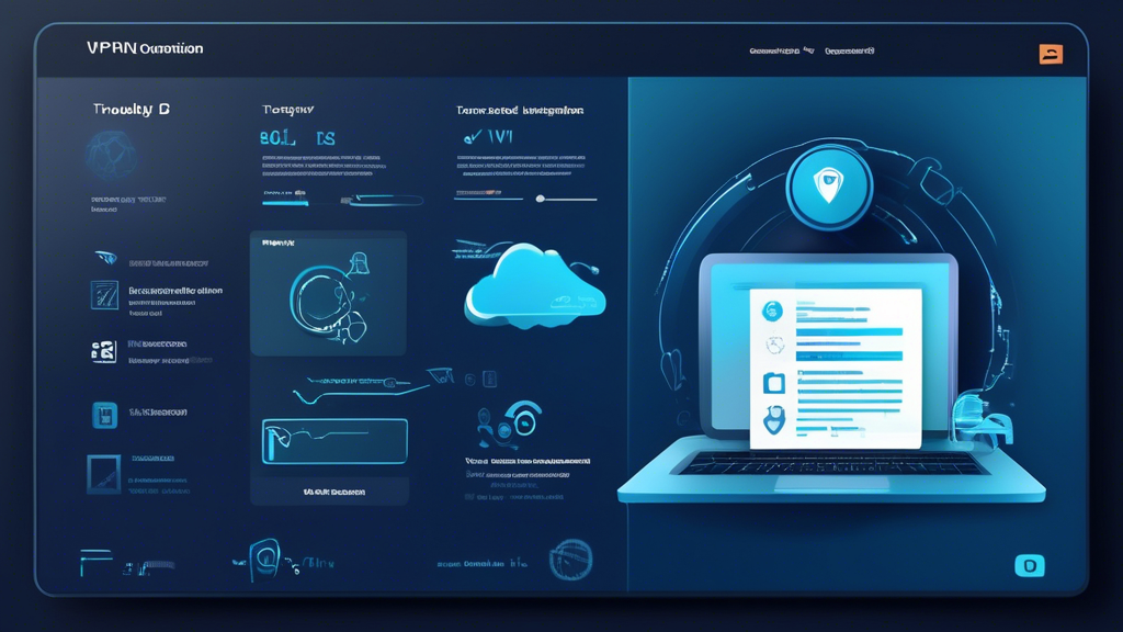 Create an image showing a modern, user-friendly interface of a VPN application on a Windows desktop. Highlight different sections such as 