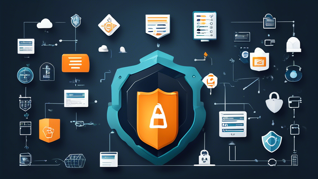 Create a detailed illustration showcasing the concept of cost optimization and security strategies using AWS Backup. The image should include visual elements like AWS Backup icons, cost-saving icons such as dollar signs and budget charts, and security symbols like shields and locks. Additionally, incorporate elements that depict compliance and real-world examples, such as business settings or company logos. The overall style should be modern and professional, suitable for a technology guide.