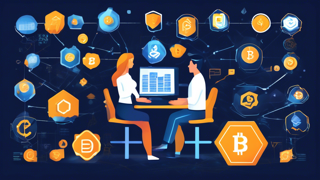Create an image that depicts the careful consideration process before choosing a crypto mining platform. Show a person or group of people analyzing different aspects such as financial goals, platform transparency, company reputation, long-term profitability, and cost-efficiency. Visualize these factors with icons like graphs, checklists, and security shields, all centered around a computer screen displaying a crypto mining dashboard. The background should subtly feature elements of cryptocurrency, like mining rigs and digital currency symbols.