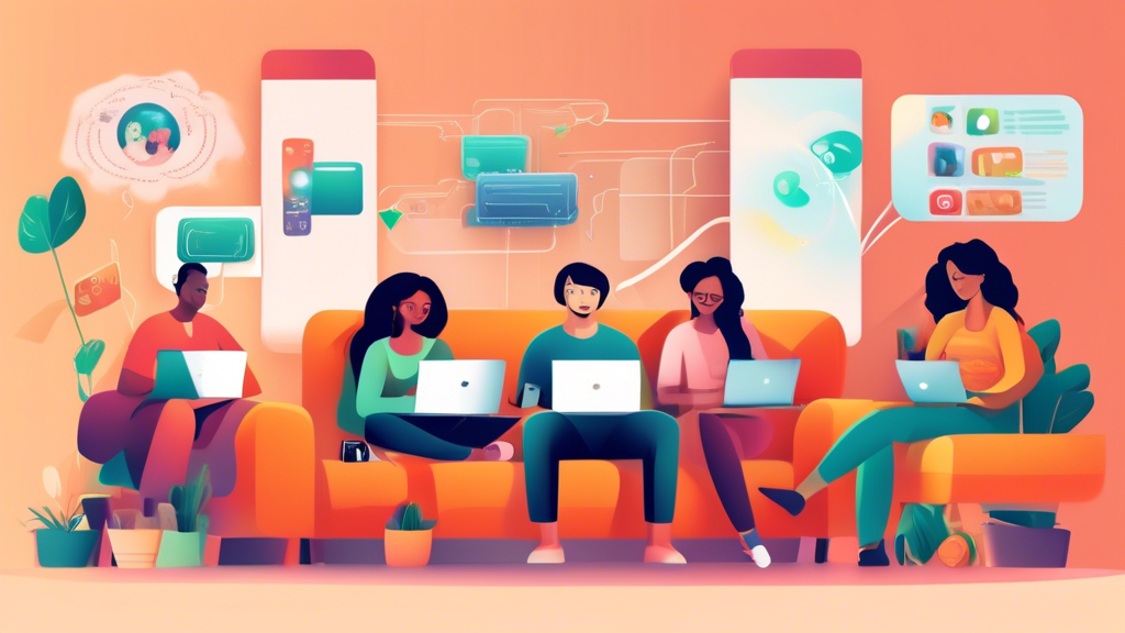 Create an image showing a diverse group of people, comfortably seated in a cozy living room, all engaged with different electronic devices (laptops, tablets, smartphones). The screen of each device displays various global streaming platforms and websites that are usually geo-restricted. The atmosphere should be vibrant and positive, indicating satisfaction and ease. Include a subtle banner or overlay text that reads, Smart DNS Free Trial: Unlock Global Content Effortlessly!