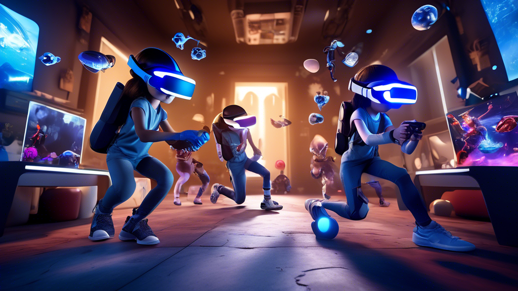 Imagine a visually stunning scene showcasing a variety of the best games and applications for the PlayStation Virtual Reality (PS VR). In the foreground, characters from various immersive PS VR games like 