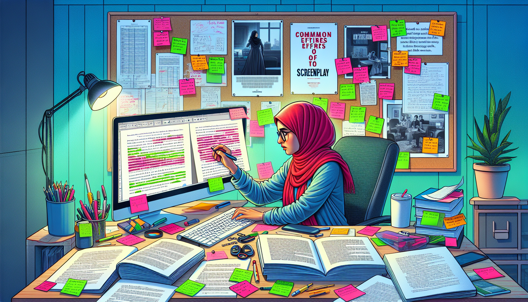 An image depicting a writer deeply engaged in proofreading a screenplay: The scene shows a home office with a bulletin board full of index cards and notes on one wall, a desk cluttered with screenplay drafts marked in red pen, and a focused writer highlighting text on their computer screen. The background includes a motivational poster about filmmaking, and on the desk, various proofreading tools like grammar software open on a tablet, a style guidebook, and sticky notes with common error reminders.