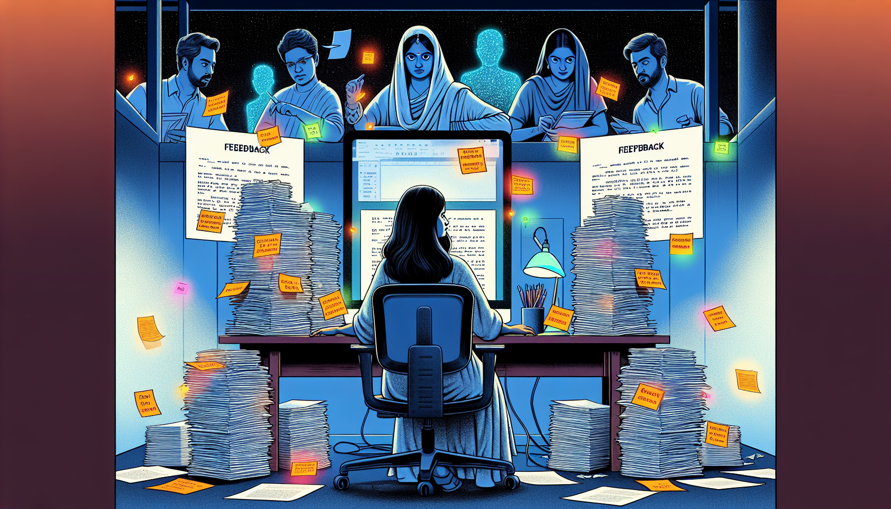 Create an illustration of a writer at their desk, surrounded by stacks of paper and a computer screen displaying a screenplay. The writer is thoughtfully considering feedback notes, which are pinned around the desk with glowing revisions and highlights. Behind them, ghostly figures representing peers and professionals are collaboratively guiding and pointing out areas to revise, symbolizing the importance of incorporating feedback and continuous improvement in screenplay proofreading and revisions.
