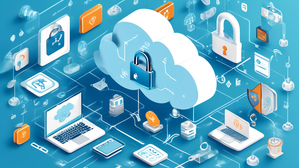 A detailed graphic illustration of a cloud platform surrounded by secure locks and encrypted data symbols, highlighting the concept of top-notch security measures and protocols. Include a variety of elements such as compliance checkmarks, data protection shields, and icons representing successful case studies from different industries like healthcare, finance, and technology. The overall theme should be sophisticated and professional, emphasizing the importance of security and privacy in cloud platform solutions.