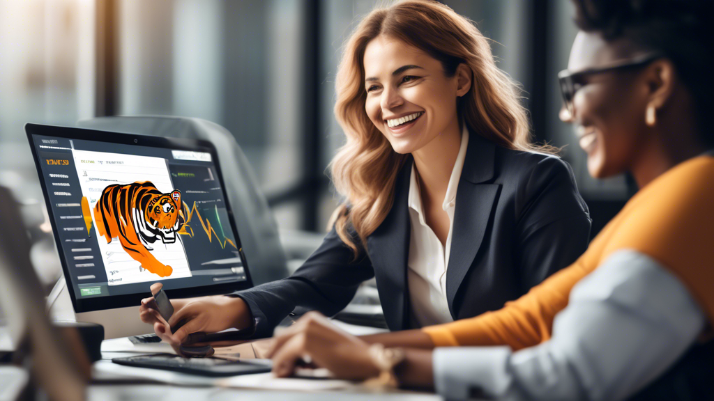 Create an image that showcases the advantages of using a Tiger Broker Margin Account. The visual should include symbols of increased purchasing power with charts and upward-pointing arrows, representation of leveraging investment opportunities with stacked coins or money multiplying, and a depiction of competitive interest rates with a percentage symbol. Incorporate elements that emphasize 24/7 customer support with a friendly support agent or chat box icon, and a user-friendly interface with a sleek, modern smartphone or computer screen displaying the Tiger Brokers app. Use a clean and professional style to convey trust and efficiency.