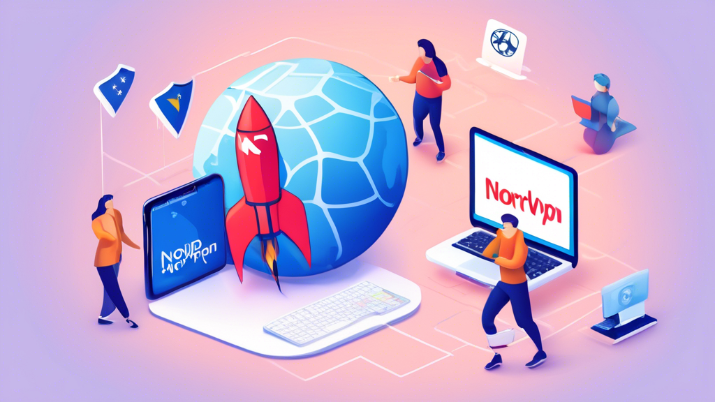 Create an image that showcases the advantages of using NordVPN Smart DNS for browsing. The image should depict a fast internet connection represented by a rocket or a speedometer, access to global content with various country flags, and the ease of setup with user-friendly icons of different devices (like a laptop, smartphone, and smart TV). Ensure that the NordVPN logo is subtly included in the design to reinforce the brand.