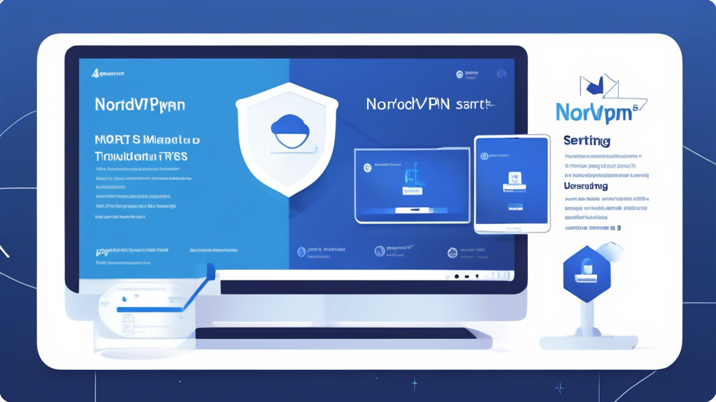 Prompt: An instructional illustration showing a step-by-step guide to setting up NordVPN Smart DNS on various devices like Windows, macOS, and Smart TVs. The image includes clear visual instructions for configuration, troubleshooting common issues, and tips to maximize performance and security. Elements such as devices, user interfaces, and NordVPN branding should be prominently featured.