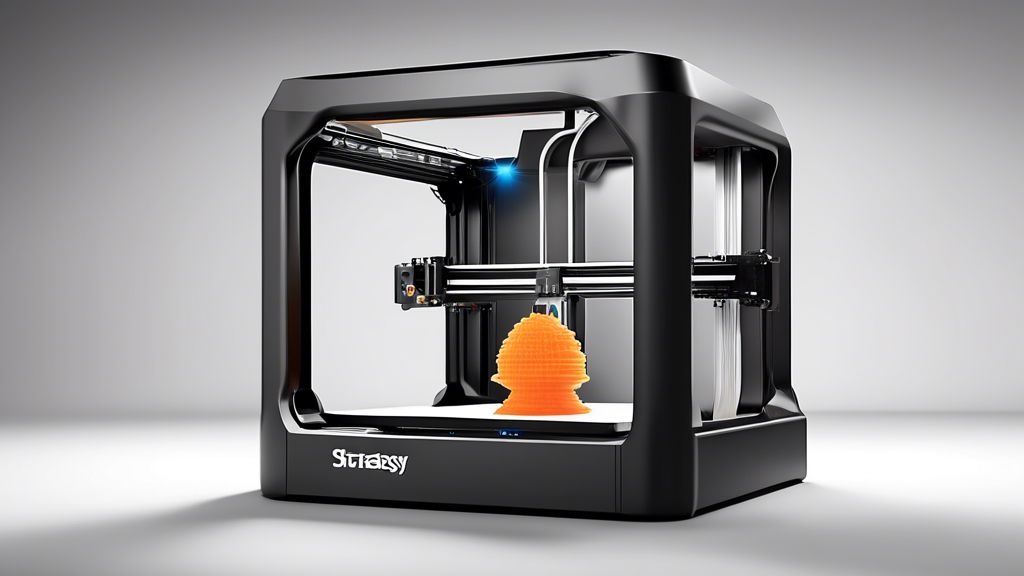 Create an image showing a modern, sophisticated 3D printer in use, prominently displaying the Stratasys logo. Surround the printer with a backdrop that highlights its key innovations and technological achievements: groundbreaking prototypes, intricate design models, and different 3D printing processes. Add a subtle overlay depicting the historical evolution timeline and notable milestones of Stratasys in the 3D printing industry. The setting should feel high-tech and pioneering, encapsulating Stratasys’s role as a leader in 3D printing technology.