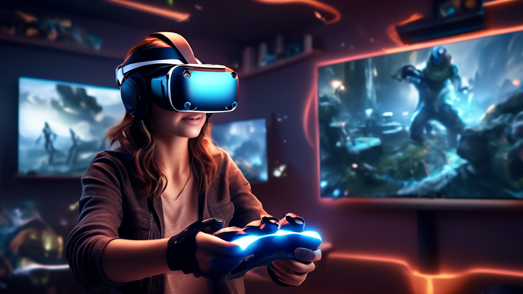 Create an image of an immersive gaming experience using a VR set. Show gamers with VR headsets and controllers, deeply engaged in both a realistic simulation and a fantastical world. Include scenes of multiplayer interaction and innovative game designs, highlighting the diverse possibilities of VR in gaming.