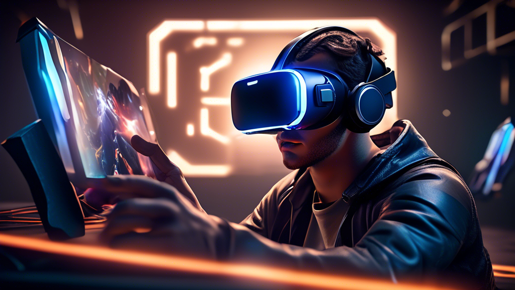 Create a futuristic scene showcasing the next generation of VR sets with enhanced resolution, minimal latency, and extensive movement freedom. Integrate elements of Artificial Intelligence and Augmented Reality, illustrating their seamless interaction within the VR environment. The setting should capture the excitement and potential challenges for the gaming industry and player community, featuring gamers engaged in highly realistic and dynamic gameplay scenarios.