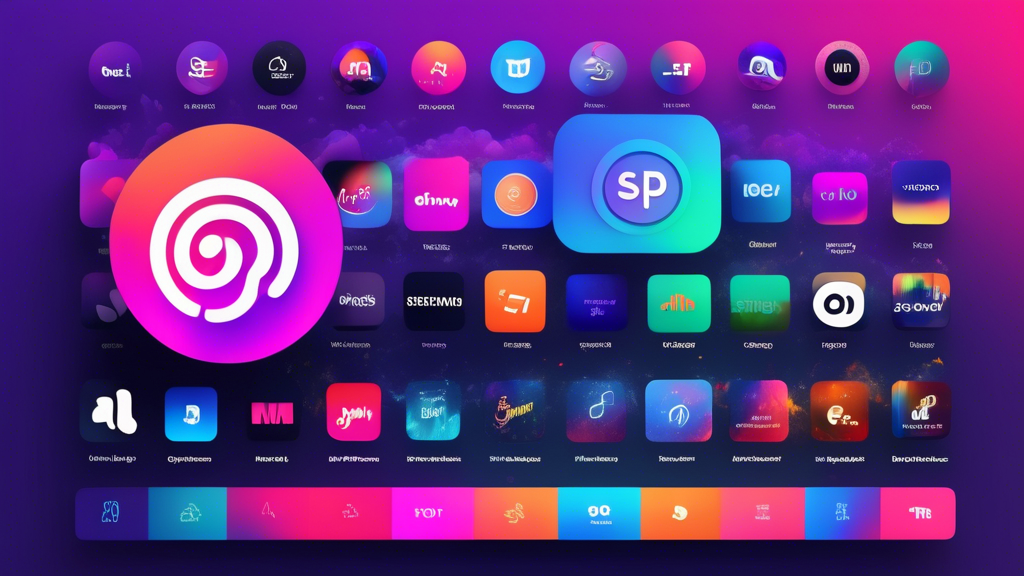 Create an image comparing the top music streaming apps, featuring logos and interface screenshots of popular platforms like Spotify, Apple Music, and Amazon Music. The setting should be a vibrant and colorful digital workspace with elements like musical notes and sound waves, showcasing the key functions and features of each app. Include price tags and subscription options visually represented near each app