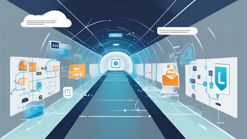 Create an image where a digital tunnel is shown with data packets (represented by icons like email, documents, etc.) moving through it securely. The tunnel should be protected with a lock icon at the entrance and an illustration of various protocols (OpenVPN, PPTP, L2TP/IPsec) along the tunnel walls. Incorporate a global map in the background with highlighted server locations to show the reach and importance of server placement for VPNs. Title the image How Does a Virtual Private Network (VPN) Work?