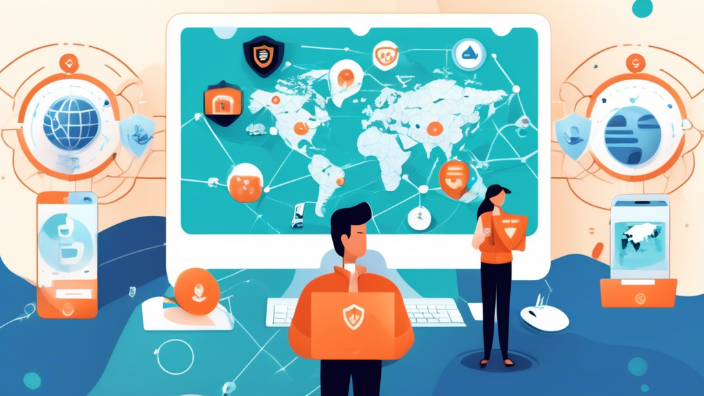 Prompt: An illustration showcasing the various benefits of using a Virtual Private Network (VPN): enhanced security and privacy represented by a shield icon protecting a computer, access to geo-restricted content shown by a globe with location pins and media icons, and business use cases depicted with professional individuals accessing secured company data remotely. Background elements include encrypted data streams and world map with VPN server markers to emphasize global reach.