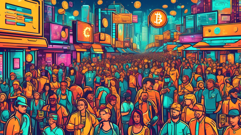 Create an image that depicts the dynamic economic and social impact of crypto money. Visualize a bustling market scene filled with diverse individuals engaging in various crypto activities, such as trading on digital screens, using smartphones for transactions, and interacting in vibrant crypto communities. Include symbolic elements like cryptocurrency logos, diverse population groups, and signs showing financial inclusion and empowerment.