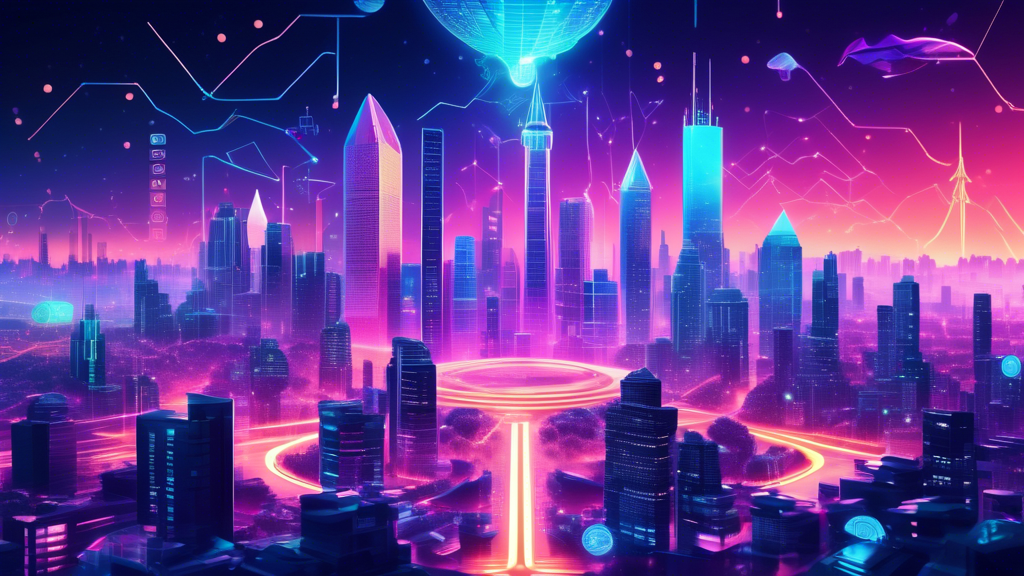 Create an image depicting the future landscape of crypto money, illustrating a digital city with vibrant cryptocurrency symbols and icons like Bitcoin, Ethereum, and NFTs integrated into the skyline. Show futuristic elements such as holographic financial charts and decentralized finance operations, while alerting to potential challenges with subtle hints of regulatory and security icons. Capture an environment of both opportunity and caution, with innovative technology interspersed with signs of environmental considerations around crypto mining.
