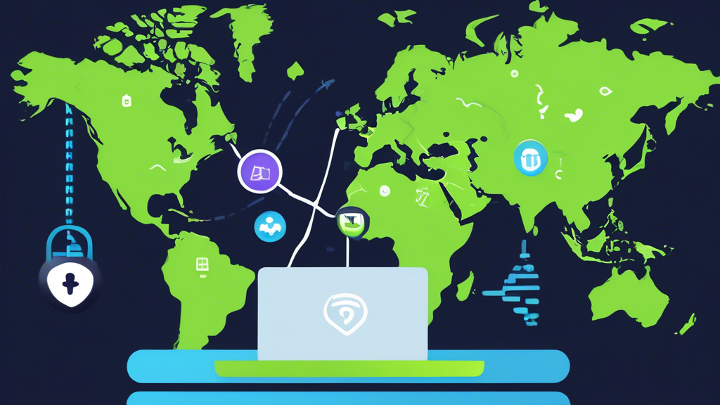 Create an image showcasing the key features of GhostVPN: a high-tech scene illustrating strong encryption technology with digital padlocks and cryptographic symbols, a global map highlighting multiple server locations marked with pins for enhanced security, and an intuitive user-interface on a laptop and mobile device to emphasize user-friendliness. Keywords: ghostvpn, encryption, global servers, user-friendly.