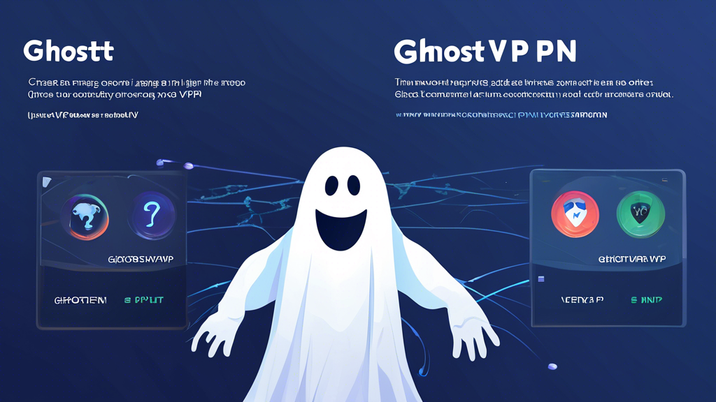 Create an image in a comparative style, illustrating features of GhostVPN versus other VPN services. Show a split-screen with contrasting elements such as:

- **Left Side (GhostVPN)**: Depict high-performance speed bars, a badge for excellent price-to-value ratio, and happy user testimonials.
- **Right Side (Other VPNs)**: Illustrate slower speed bars, a question mark for price-to-value, and mixed user reviews.
- Include labels for GhostVPN and Other VPNs above each side.
- Use a tech-themed background with security icons like locks and shields.

Keyword: ghostvpn