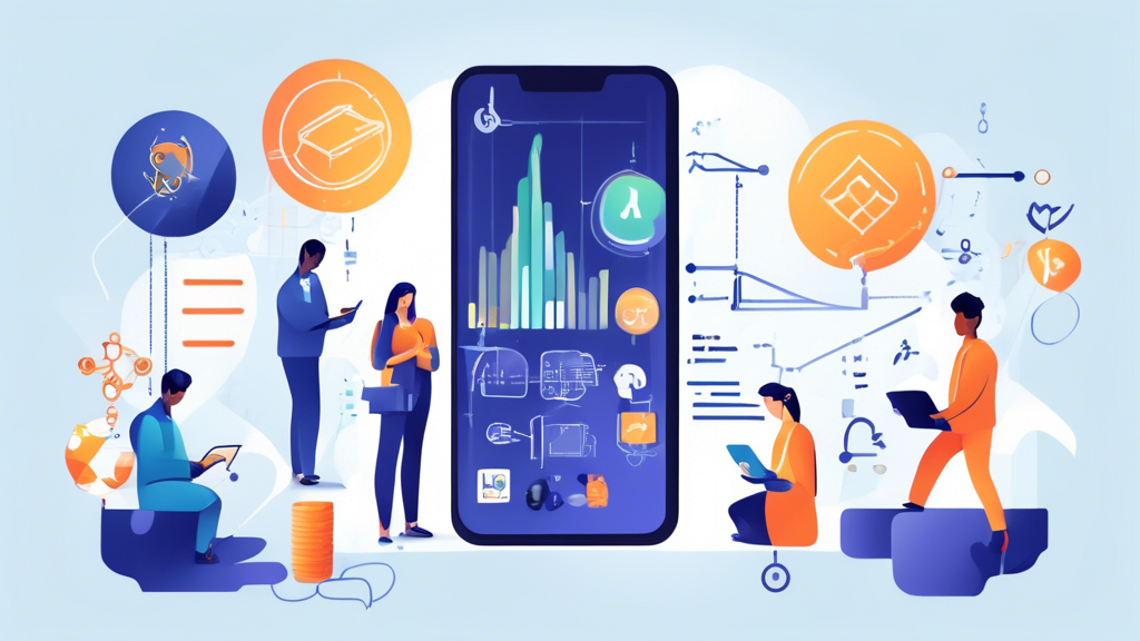 Create an image that illustrates the concept of effectively using Moomoo Margin for trading. The image should depict a person confidently setting up a margin account on the Moomoo app using a smartphone. Surround them with icons and graphics representing various tools and educational resources, such as charts, graphs, and books, highlighting features like risk management strategies. The background should subtly incorporate the Moomoo logo to emphasize brand identity.