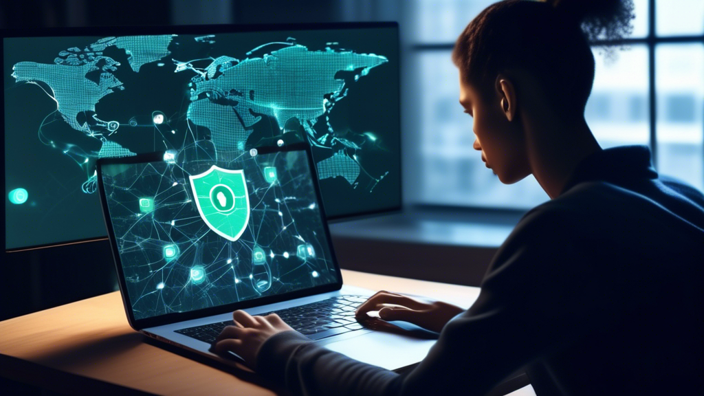 Create an image featuring a person using a laptop with a fast and secure internet connection. Display global streaming services such as Netflix and Hulu on the screen, symbolizing unrestricted access. In the background, incorporate symbols of internet security like a shield and lock, and show fast-moving lines indicating high-speed connectivity. Include subtle icons of privacy (e.g., a masked face or a privacy badge) around the scene to emphasize the enhanced privacy benefits.