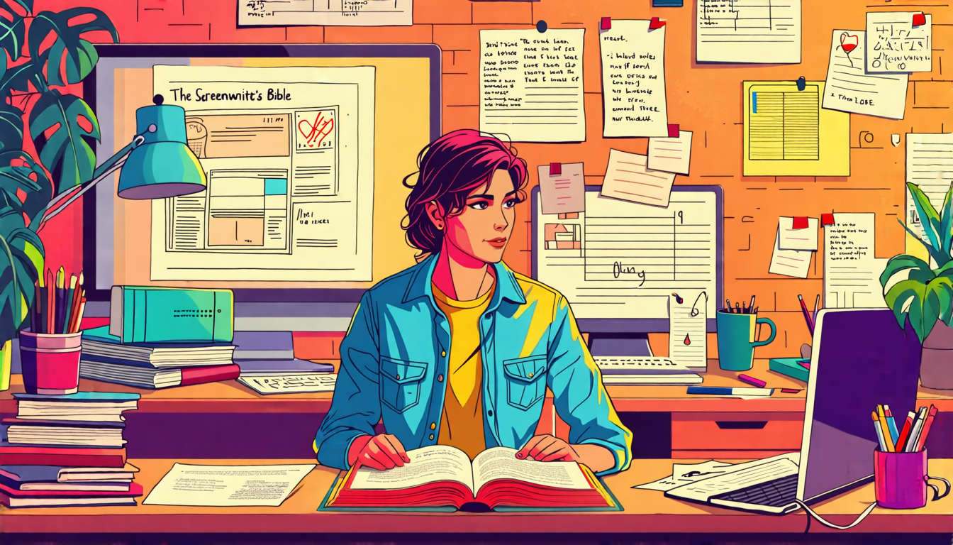 Create an illustration showing a budding screenwriter sitting at a desk, surrounded by notes and scripts. The desk should prominently feature 