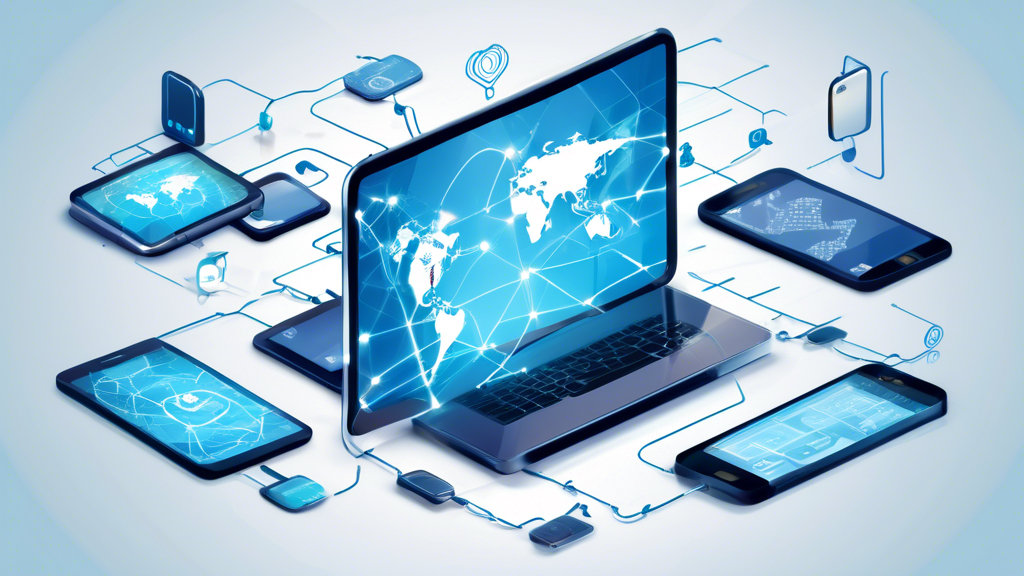 Create an image showing various modern digital devices (smartphone, tablet, laptop) connected to a secure network through a VPN shield icon. The background shows a blend of world maps and padlock symbols, illustrating global access and enhanced online security. The text Amélioration de la sécurité en ligne, Accès au contenu géo-bloqué, Réduction des risques de surveillance should be incorporated at the bottom in sleek, modern font.