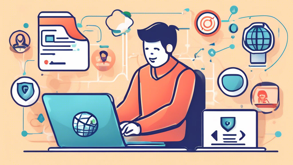 Create an image of a person sitting at a desk with a laptop open, showing a VPN app interface on the screen. Surround them with checklists and icons representing important criteria for choosing a VPN, such as a shield for security, a globe for global access, and a lock for privacy. Include step-by-step illustrations or infographic-style diagrams on how to install and configure the VPN. The scene should convey a sense of practicality and guidance, perfectly encapsulating a 