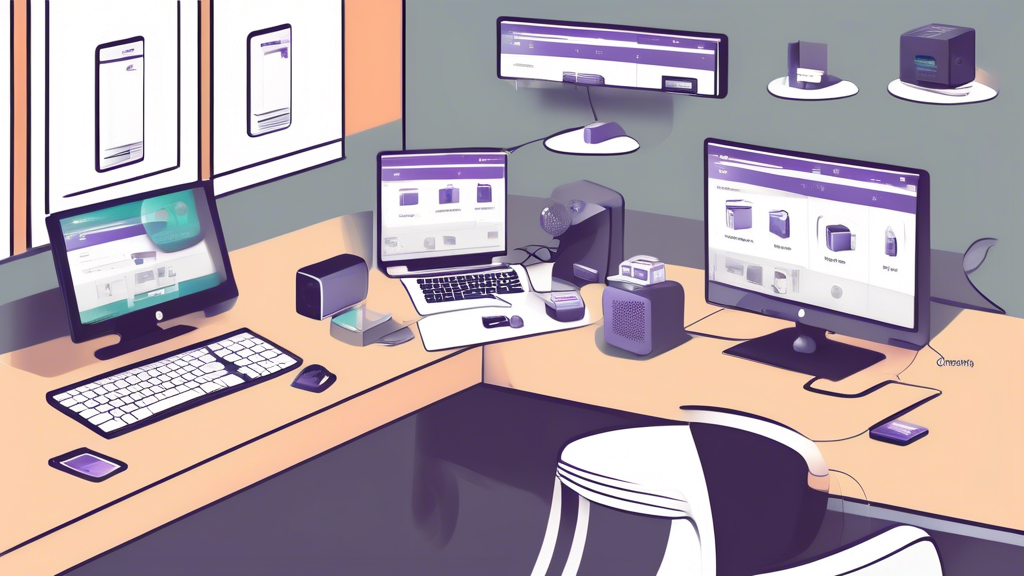 An illustrated guide showing the step-by-step process of configuring SmartDNSProxy servers on various devices. The image includes a desktop computer (PC), a MacBook, a smartphone, a tablet, a Roku device, and an Apple TV, each with a clear and simple instructional overlay. The background features a modern, clean home office setup to emphasize ease of use and accessibility on different devices.