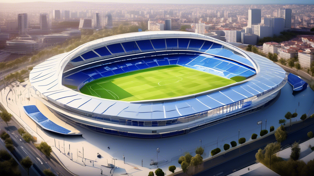 Create an image of the modern RCDE Stadium highlighting its impressive structure and capacity. Show the stadium bustling with activity, with vivid outlines of its architectural features like the sleek, curving roof and spacious seating areas. Include details that emphasize the innovative technology and sustainable measures, such as solar panels and energy-efficient lighting. Capture a scene that also conveys the amenities available for spectators, such as restaurants, shops, and VIP areas, enhancing the overall matchday experience.