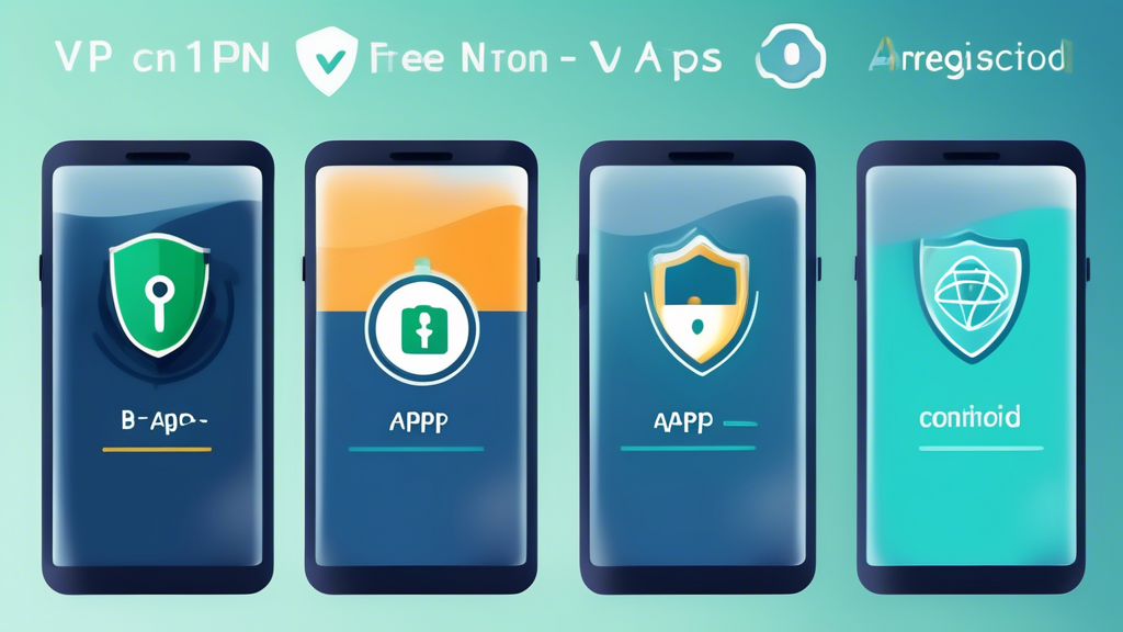 Create an image showcasing the top three free VPNs for Android without registration. Include the logos or icons of the apps identified as App A, App B, and App C. They should be visually represented on an Android smartphone screen, with icons showing connectivity, security, and speed. The background should subtly illustrate a digital security concept with visual elements like padlocks, shields, and encrypted data symbols to signify privacy and protection.