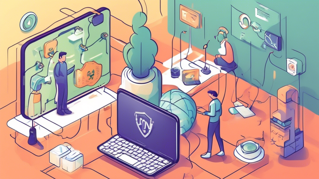 Create an image prompt for DALL-E based on the third point of the outline:

---

Create an illustration that shows the process of setting up a free VPN on an Android device. The image should include a step-by-step visual guide for downloading and installing a VPN app, adjusting the VPN settings for optimal performance, and tips for using the VPN safely. The scene should be user-friendly and clearly demonstrate the simplicity of getting started with a no-registration VPN. Include elements like an Android phone, app icons, setting toggles, and security shields to convey privacy and security.

---