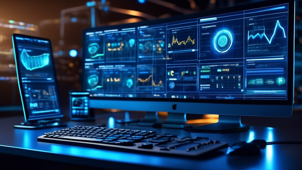 Create a DALL-E image of a sleek, modern cryptocurrency mining website dashboard on a computer screen. Display detailed graphical elements like charts showing mining progress, animated graphics of mining hardware (GPUs, ASIC miners) and cybersecurity icons such as locks and shields. In the background, show a server room with glowing blue LED lights representing web hosting servers. The setting should convey a high-tech, secure, and efficient environment, emphasizing the technical requirements and setup for a crypto mining website.