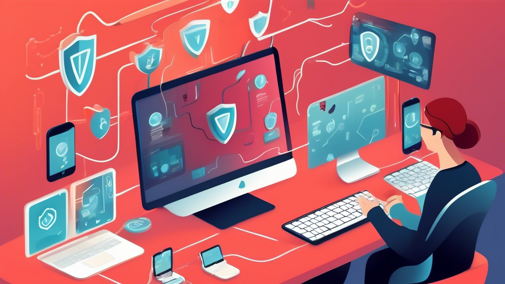 Create an image featuring a person using multiple devices (laptop, tablet, smartphone) in a home setting, all connected to ExpressVPN Smart DNS. Include visual elements like padlocks and shields on the screens to symbolize advanced security protocols. Show data flows and connections to symbolize protected personal data and private internet browsing. The scene should radiate a sense of security and confidentiality, highlighting ExpressVPN