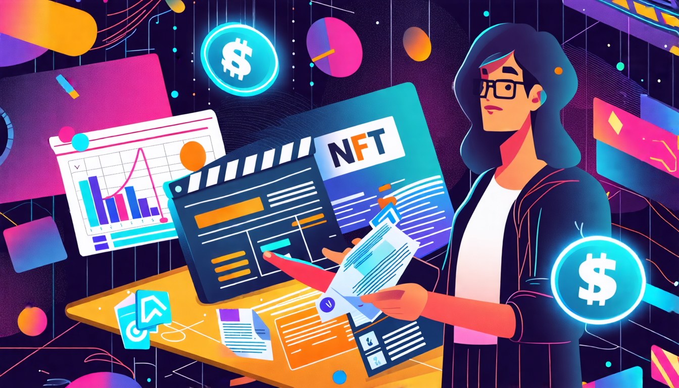 Create an image depicting screenwriters in a modern, digital environment, where elements like floating NFT symbols, blockchain graphics, and iconic movie script pages are visually integrated. Show a screenwriter confidently holding digital certificates and interacting with futuristic interfaces. The background should include hints of traditional film elements like movie reels and clapperboards transitioning into digital representations. This image will illustrate the advantages of NFTs for screenwriters, highlighting ownership, new revenue streams, and direct audience connections.