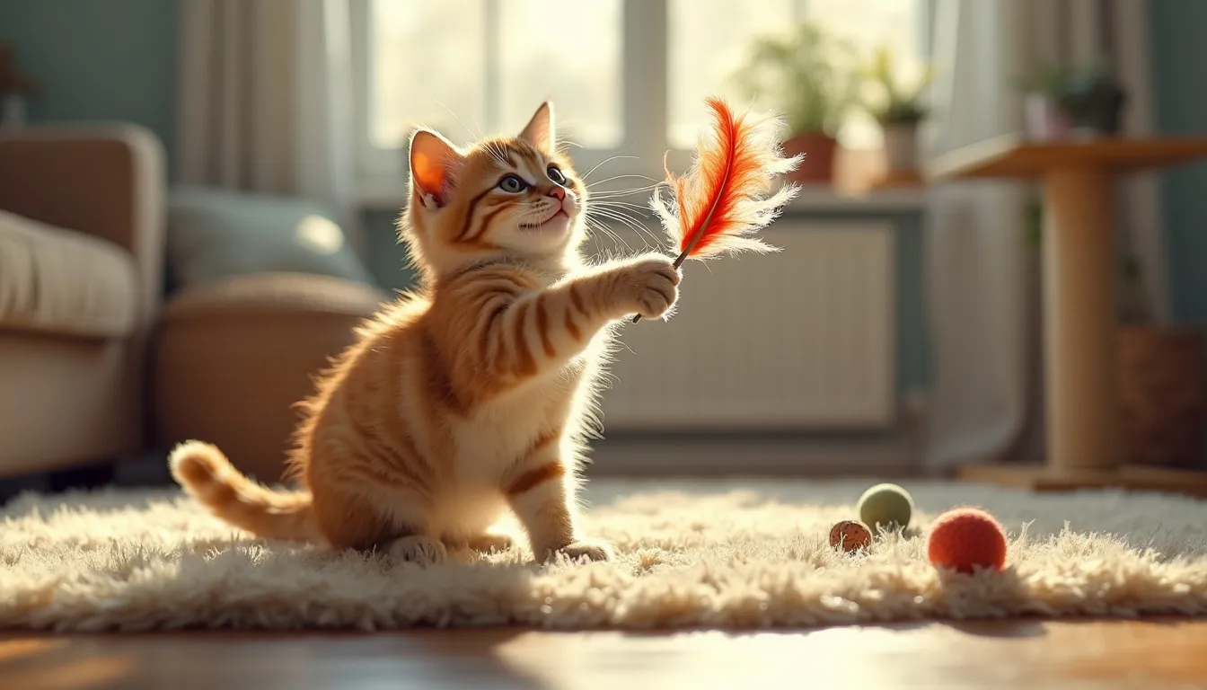 A classic cat toy scene showing a content and playful cat with a colorful feather wand in action and a few catnip-stuffed toys around. The background is a cozy, sunlit living room with soft furniture and a scratching post, emphasizing a warm and inviting atmosphere.