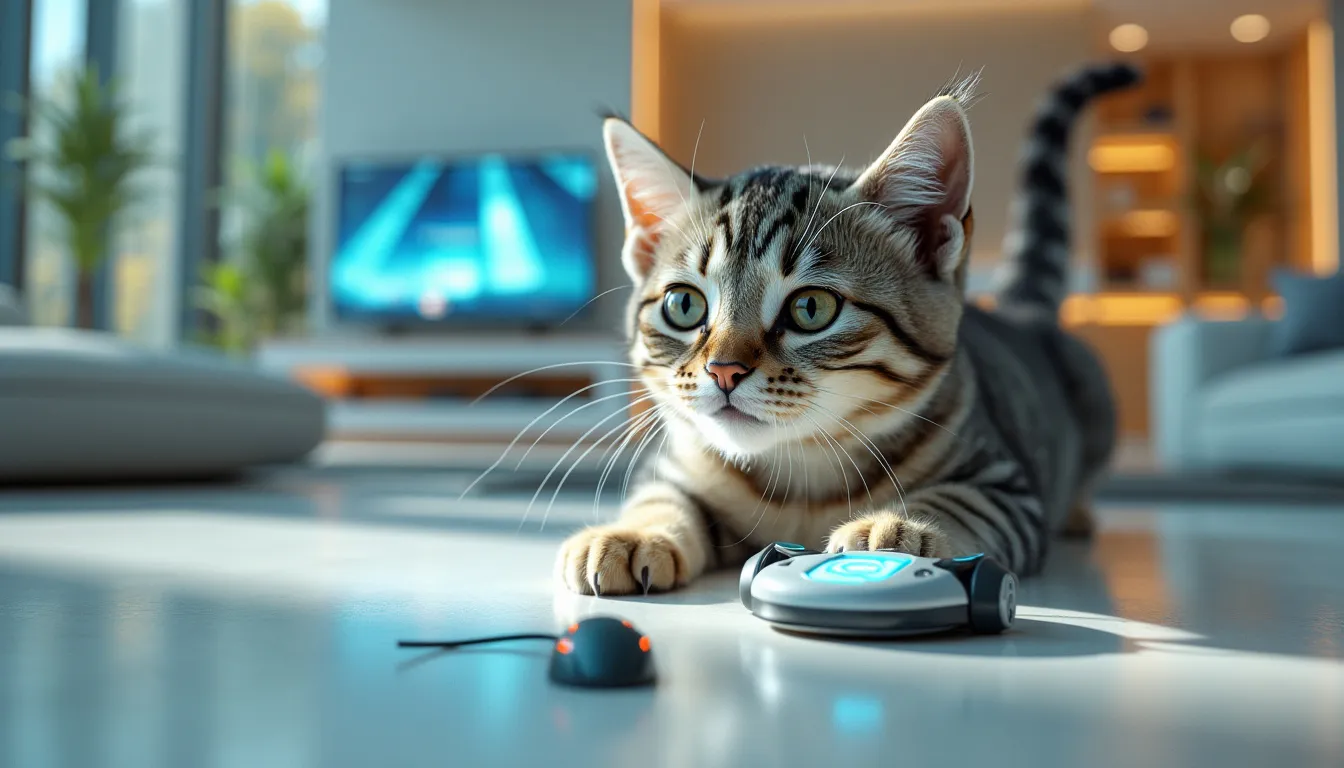 A futuristic living room with sleek, modern furniture, where a tech-savvy cat is playing with the latest innovative cat toys. There is an automated laser pointer, a robotic mouse, and an interactive app-controlled toy. The cat looks intrigued and engaged, showing mental stimulation and excitement. The room is bright and stylish, emphasizing the advanced technology and comfort tailored for a modern pet.
