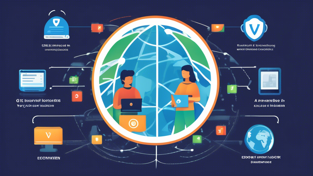 Create an illustration showcasing the benefits of using a VPN server. The image should feature icons and visuals representing enhanced security (e.g., a shield or lock), privacy protection, accessing geo-restricted content (e.g., a globe with a lock and streaming services), and secure remote access (e.g., a user securely connecting to a server from a different location). The overall design should be modern and easily understandable, with a technology-themed color scheme.