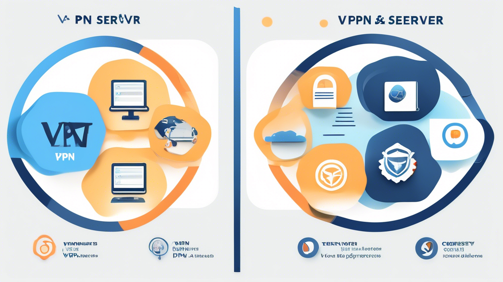 An illustration showing a comparison of various VPN server providers, highlighting their features such as speed, security options, and user interface. The image should also include visual elements depicting the setup process of a VPN server, with step-by-step icons and simplified diagrams. Central to the illustration, consider a visual representation of factors to consider when choosing a VPN server, using icons or infographics for clarity. Keywords: vpn server, comparison, setup, features.