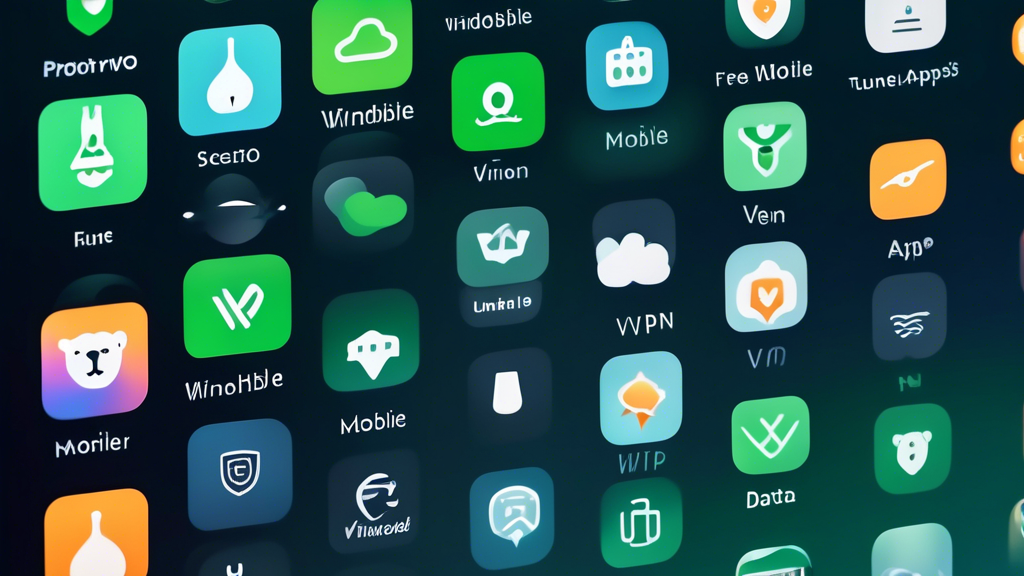 A sleek iPhone screen displaying icons of popular free mobile VPN apps such as ProtonVPN, Windscribe, TunnelBear, Hotspot Shield, and Hide.me. Each app icon is highlighted with distinct features like 