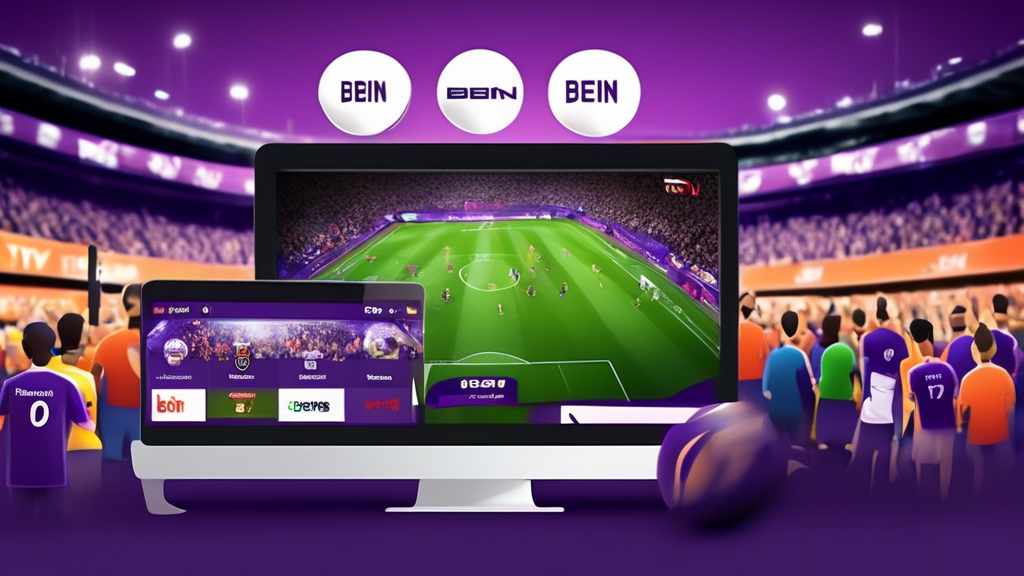 A vibrant, high-definition scene showcasing football fans actively engaged with Bein Sports on various devices (TV, tablet, smartphone). Highlight the exceptional picture quality (HD), multiple camera angles, and enhanced viewing features. Include speech bubbles showing enthusiastic opinions and testimonials from fans about the superb live football experience on Bein Sports today. Background elements should emphasize the excitement and atmosphere of live football matches.