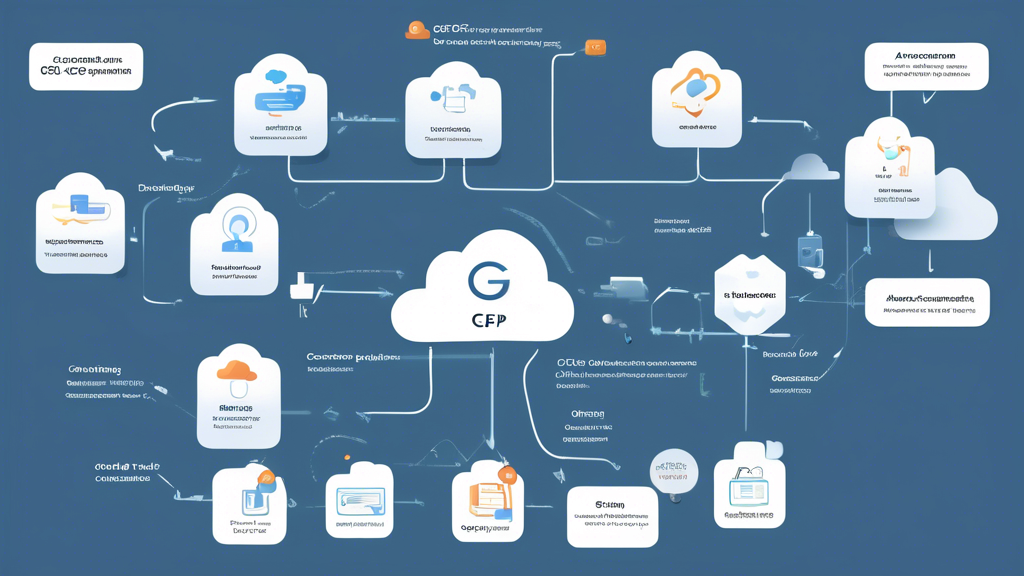 Create an image of a step-by-step guide visualizing the initial setup and configuration process for a GCP Cloud project. The image should include a clear, illustrated flowchart showing steps like Creating a GCP Account, Setting Up a New Project, Enabling Billing, Configuring Security Settings, and Deploying First Service. Incorporate elements of cloud computing icons, security padlocks, cost management symbols, and compliance checks to represent best practices for security, cost control, and legal compliance in GCP Cloud. Use a clean, modern design with Google Cloud