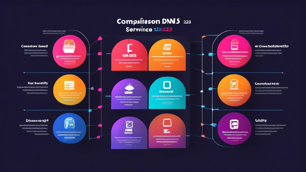 Create an image depicting a colorful comparison chart or infographic that showcases the top Smart DNS services of 2023. The chart should include columns for the names of the services, their features, advantages, disadvantages, and a final verdict highlighting the best Smart DNS service. Add icons representing speed, security, compatibility, and usability to visually emphasize these key comparison points.