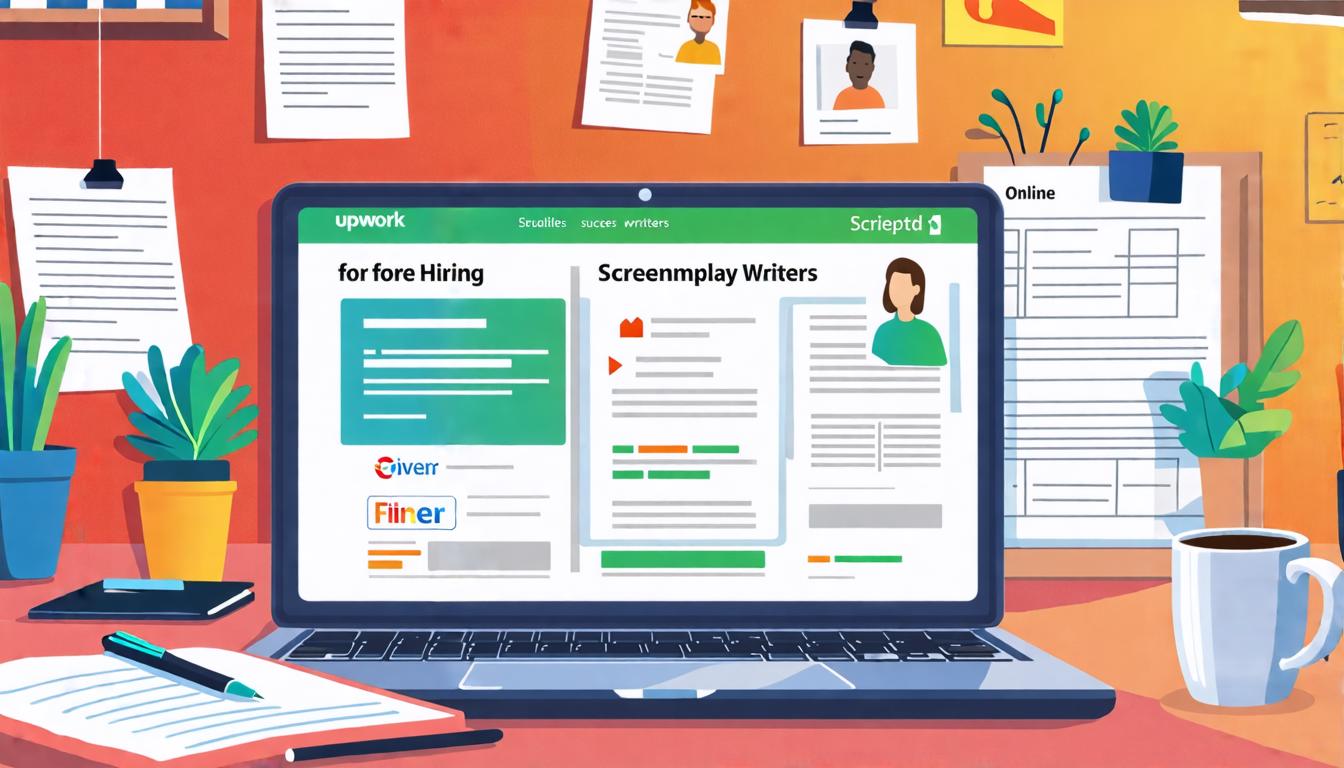 Create an image depicting a digital workspace with multiple open browser tabs showing top platforms for hiring screenplay writers online. Each tab displays recognizable website interfaces such as Upwork, Fiverr, and Scripted. In the foreground, a focused person reviews user profiles and success stories on a laptop, with a coffee cup and notepad nearby. The background features a creative workspace with screenplay drafts pinned on a corkboard and film posters on the walls, emphasizing the search for top screenplay talent online.