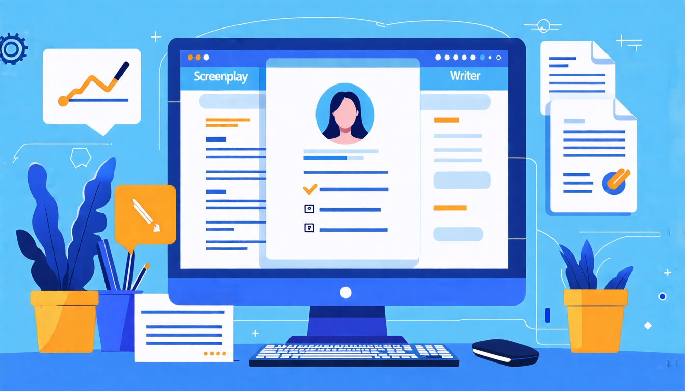 Create a DALL-E prompt for an image:

A digital workspace showcasing the process of hiring the right screenplay writer online. The image features a computer screen displaying a job posting for a screenplay writer, alongside a checklist of key interview questions. Surrounding the computer are virtual representations of seamless communication, collaboration tools, and a contract waiting to be signed. The setting exudes a professional and creative atmosphere, illustrating the detailed and thorough approach to securing the best talent. Keywords like 