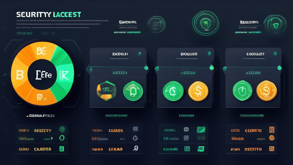 Create an image showcasing a comparison chart among top crypto exchanges, emphasizing key features like security measures, trading fees, and user experience. The chart should include elements like shields or locks for security, dollar signs or fee icons for trading costs, and user-friendly interface illustrations for ease of navigation. The design should be modern and clean, suitable for an informative article about key features to compare when choosing a crypto exchange platform.