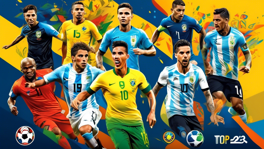 Create an image that features a detailed analysis of the top favorite teams for the Copa América 2023. Illustrate the strengths and weaknesses of highlighted national teams such as Brazil, Argentina, and Uruguay. The scene should include key players in action poses, strategic diagrams, and key stats. Incorporate vibrant colors and energetic elements that convey the excitement and competitiveness of the tournament. Keywords: Copa América 2023, favorite teams, detailed analysis, Brazil, Argentina, Uruguay, strengths and weaknesses, key players, strategic diagrams.