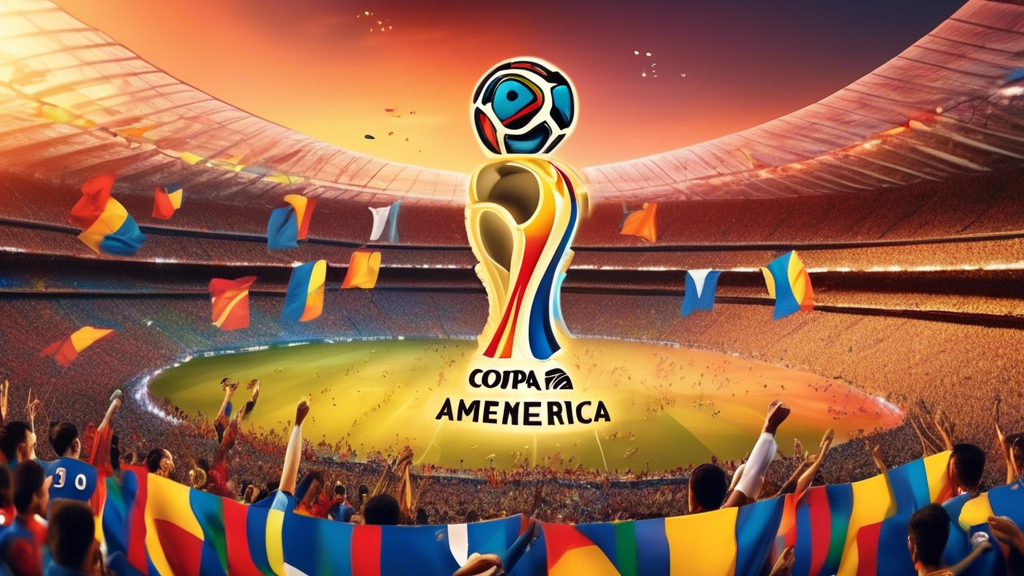 Create an image of the Copa América 2023 featuring a vibrant stadium at sunset, packed with enthusiastic fans waving flags. In the foreground, highlight several key football players from different national teams in dynamic action poses. Each player should be shown performing a signature move or skill, with subtle statistics and recent achievements displayed in an overlay next to them. Ensure the image captures the energy and anticipation around these influential athletes as they prepare to compete in the tournament.